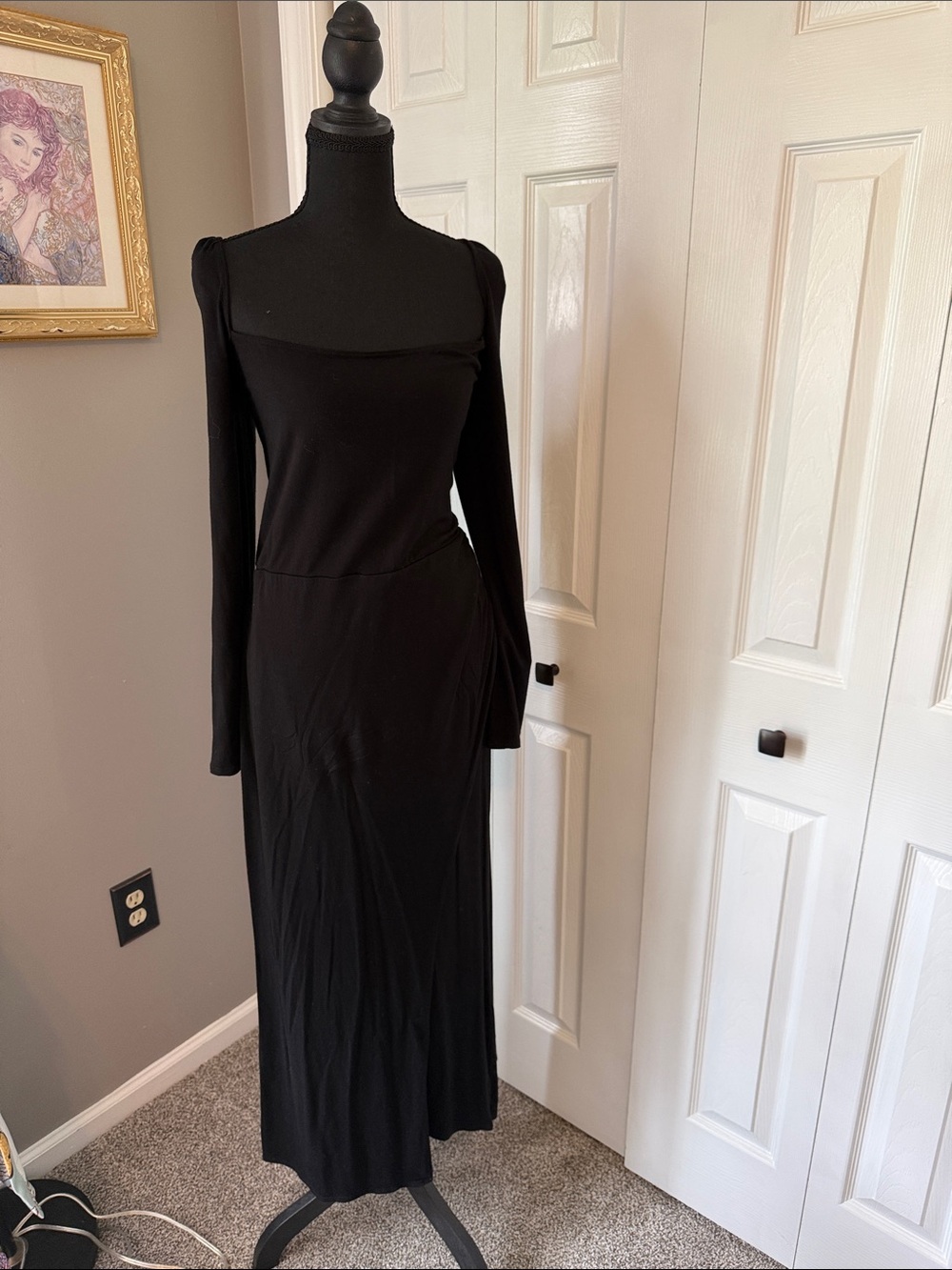 Reformation Black Long-Sleeve Square-Neck Maxi Dress